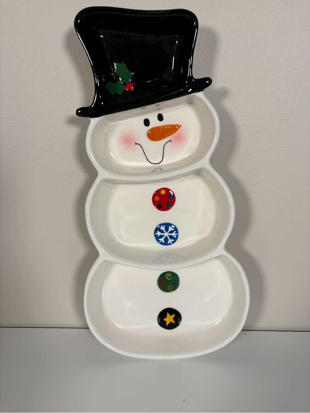 Ceramic Snowman Serving Tray in White with Black Hat
